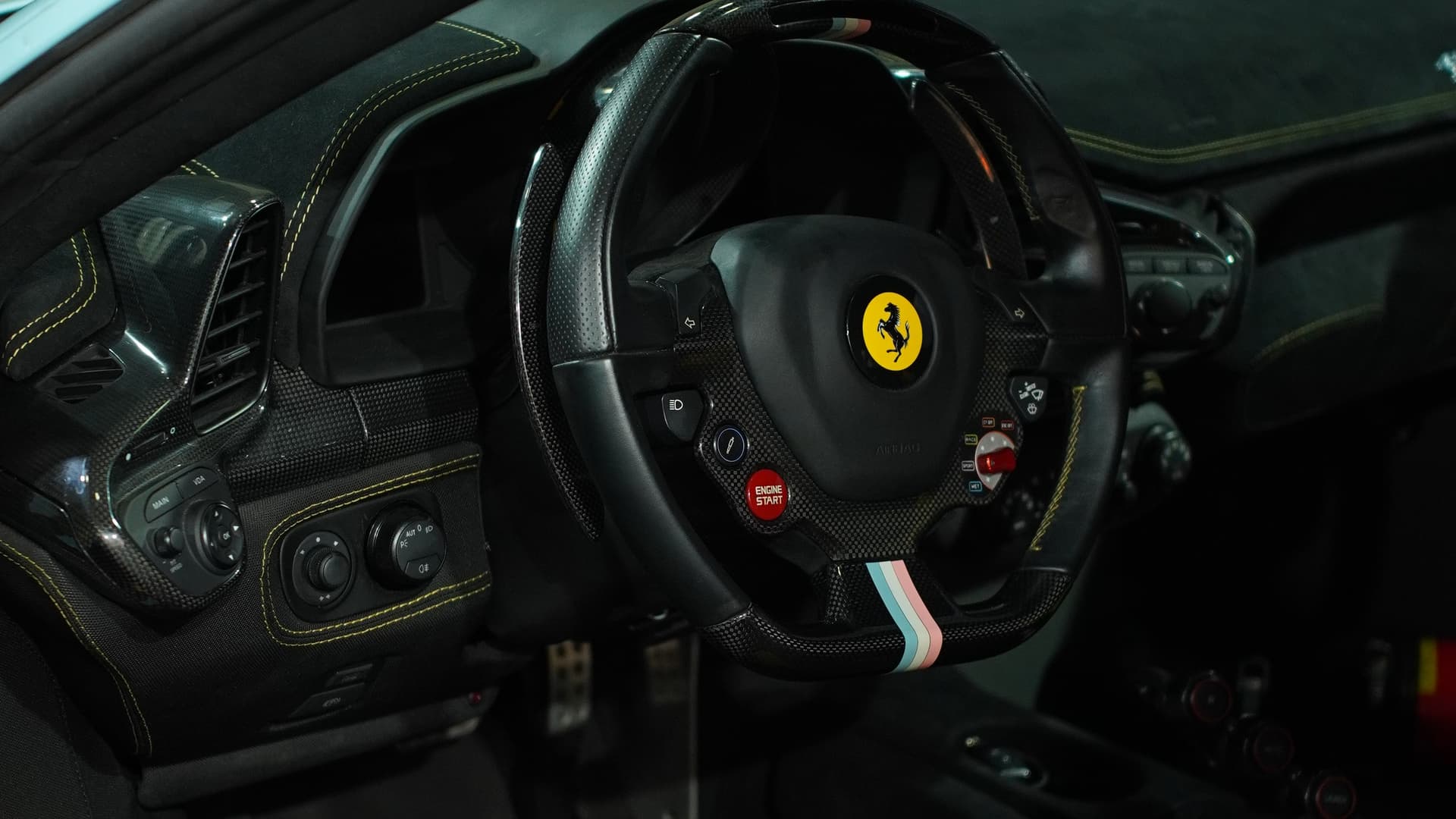 Ferrari 458 Speciale cockpit with steering wheel and dash at BVT Tuning