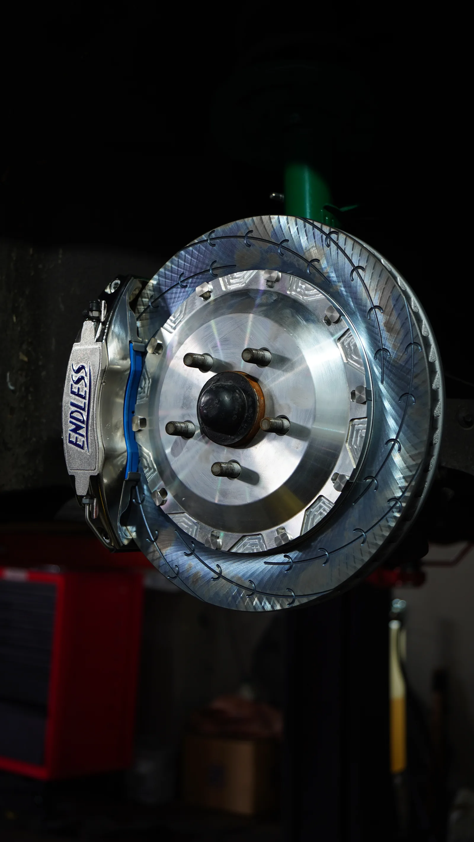 Endless caliper and slotted two-piece rotor fitted to the Ford Mustang GT hub, wheel off