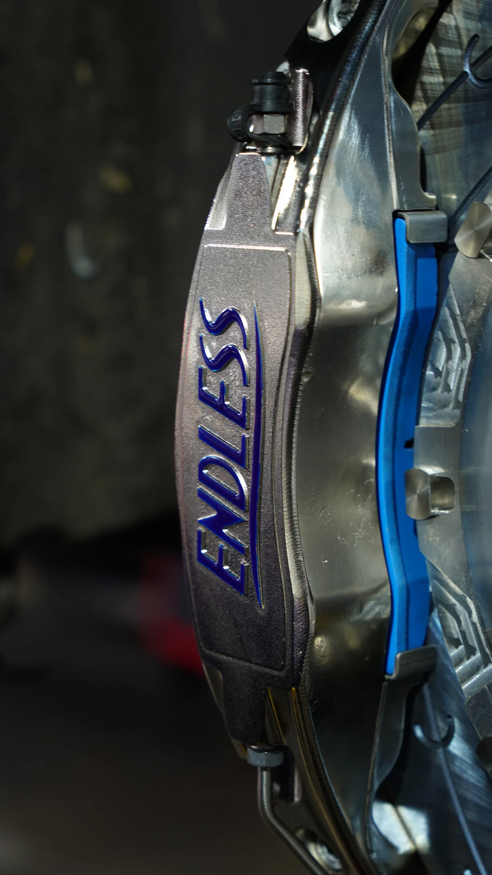 Close-up of the Endless logo on the big brake kit caliper fitted to the Ford Mustang GT