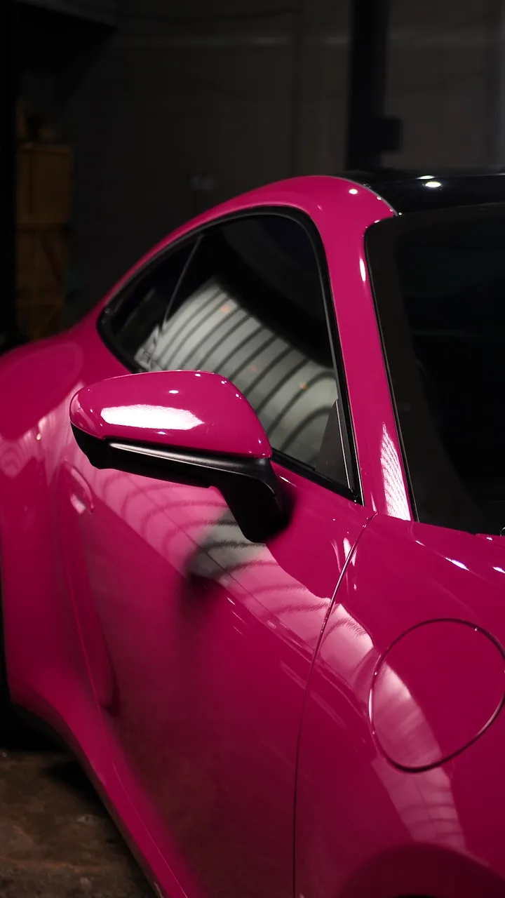 Porsche 911 Carrera S: Shinobi pink gloss colour PPF, a still from BVT Tuning's film of the job