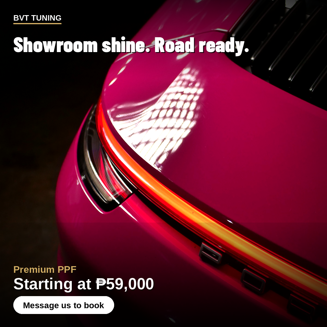 BVT Tuning PPF ad: a real BVT Porsche 911 Carrera S (992) in pink gloss colour PPF, close-up of the rear light bar and engine cover. Headline: Showroom shine. Road ready.