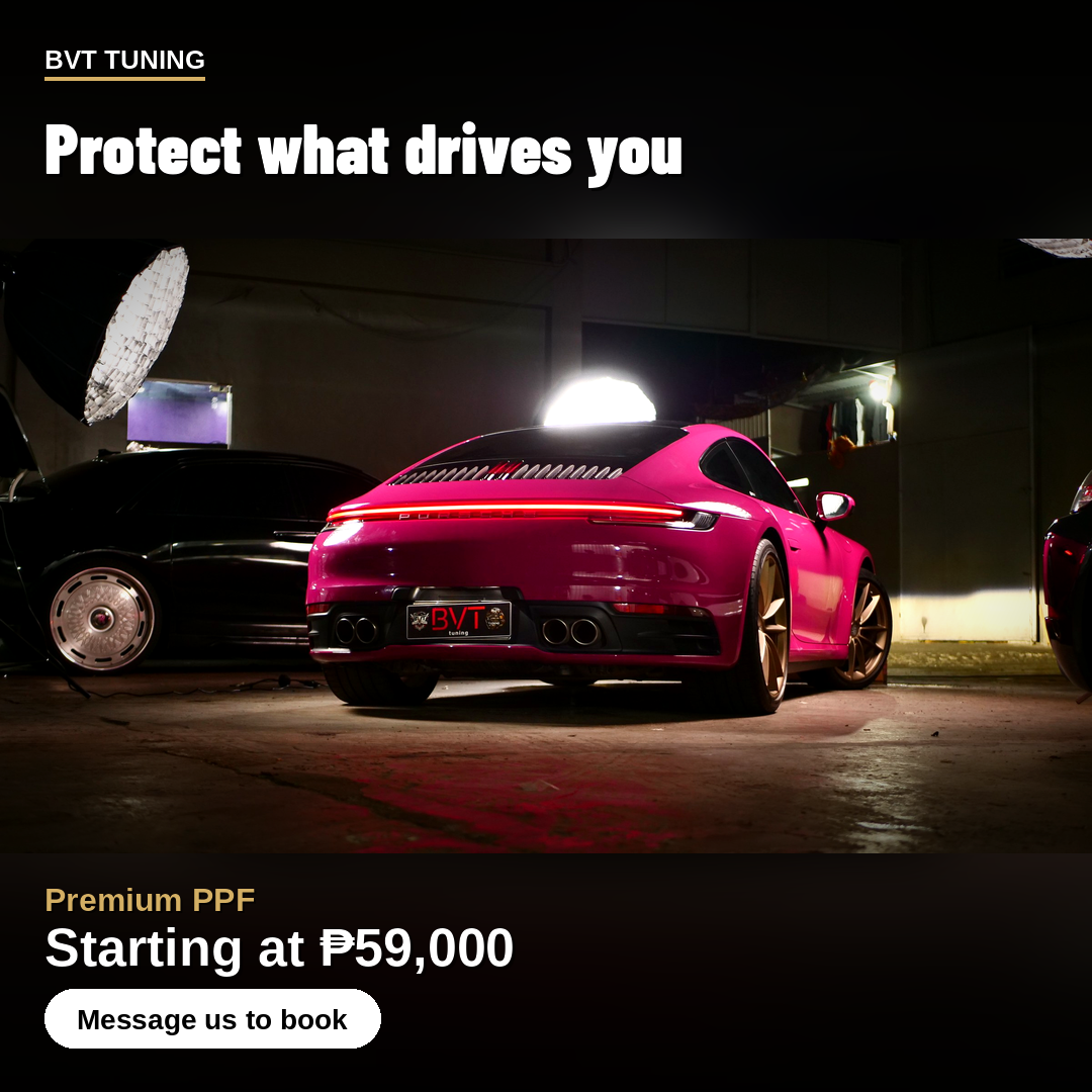 BVT Tuning PPF ad: a real BVT Porsche 911 Carrera S (992) in pink gloss colour PPF, the full rear view with the BVT plate. Headline: Protect what drives you.