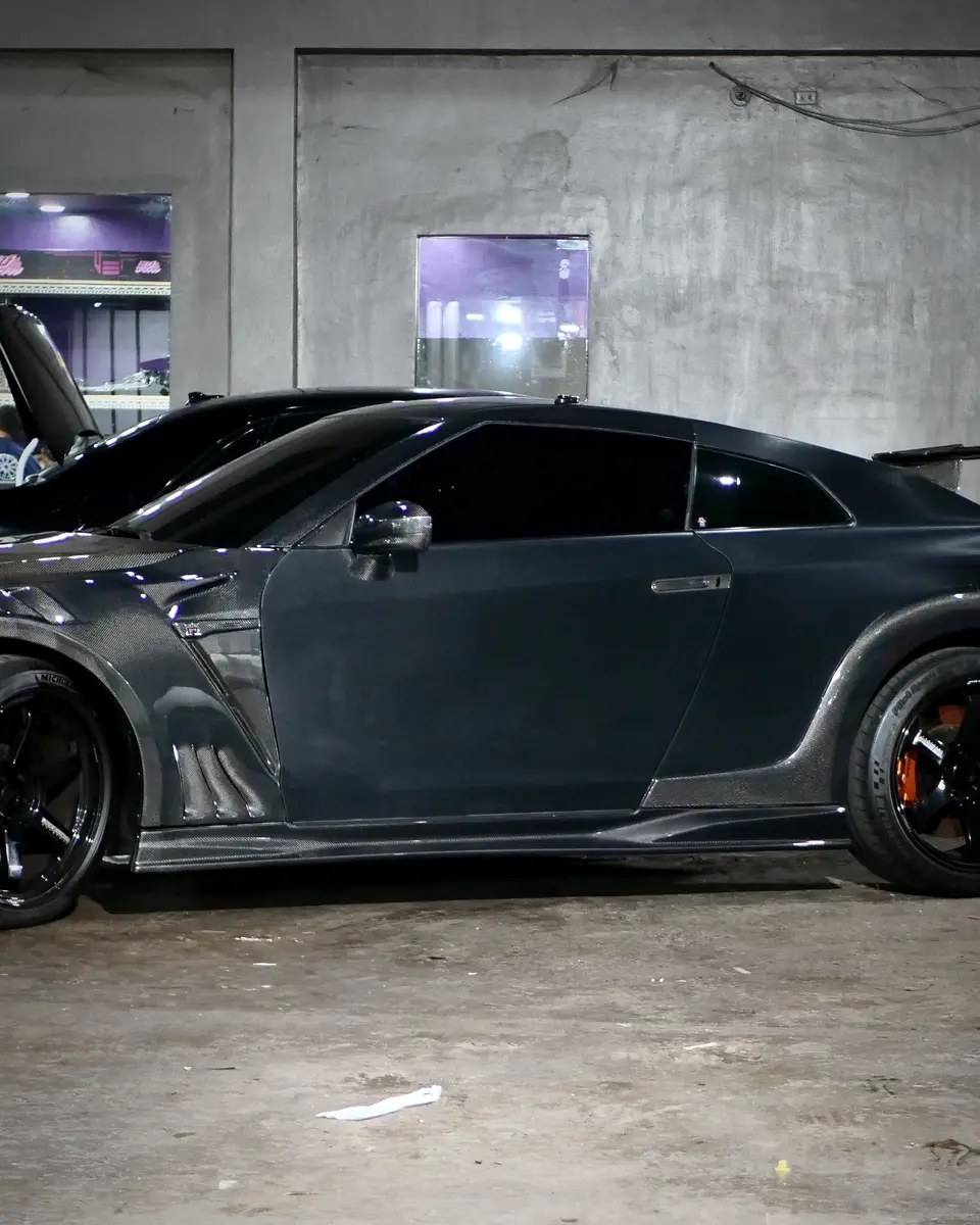 Nissan GT-R with a widebody kit in the workshop