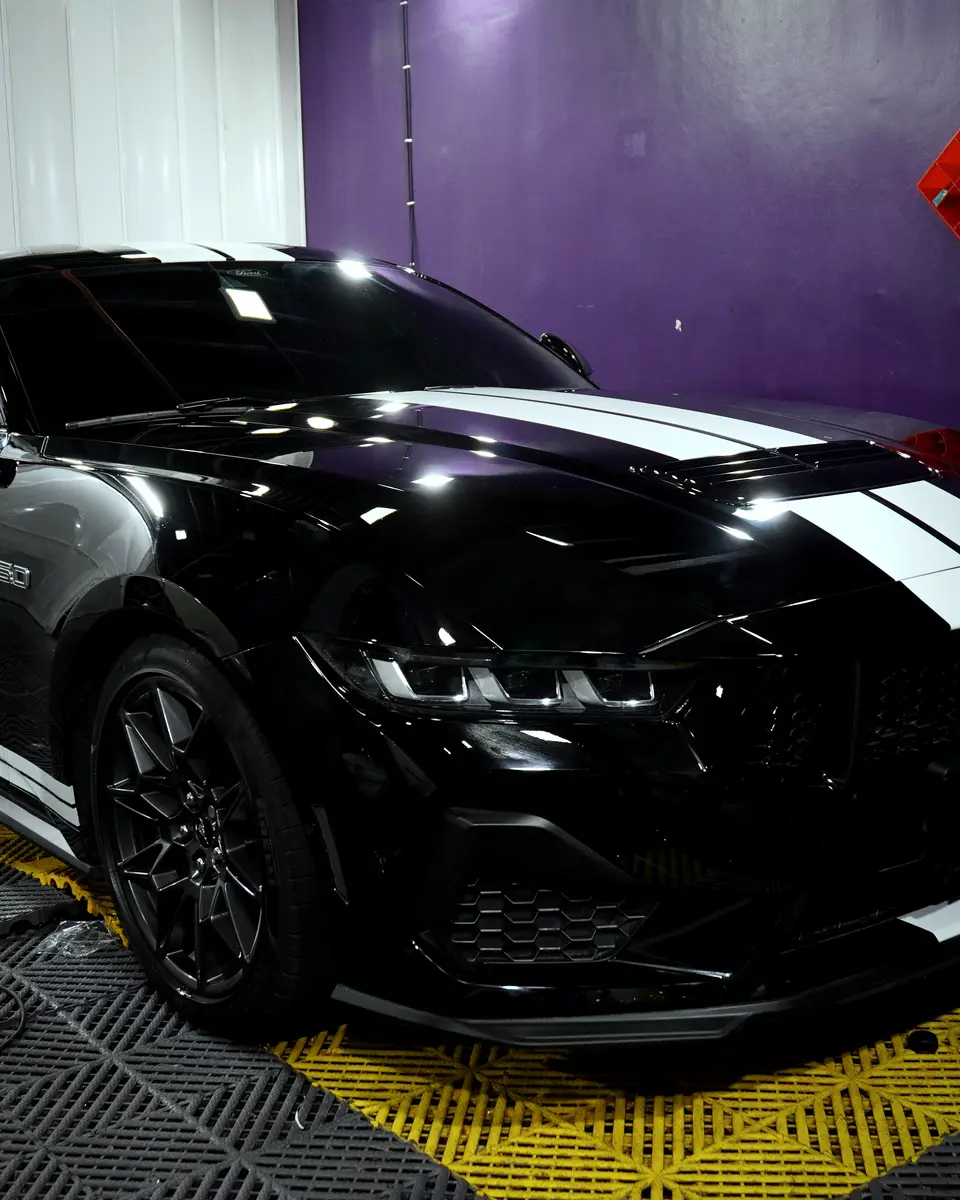 Black Ford Mustang GT with white stripes in the PPF bay